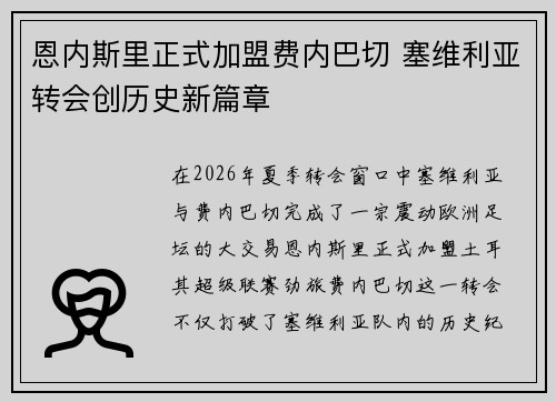 恩内斯里正式加盟费内巴切 塞维利亚转会创历史新篇章